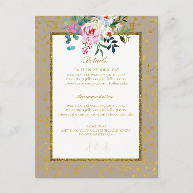 Vattenfärgad Blommigt  Ro Boho Bröllop Guld Meddelande Vykort (Framsida)