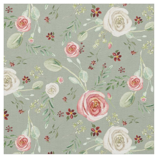 Vattenfärgad Blommigt Ro w Eucalyptus Foliage Sage Tyg (Närbild)