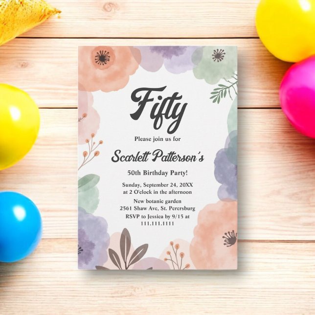 Vattenfärgad Blommigt Romantisk Abstrakt 50:e föde Inbjudningar (Skapare uppladdad)