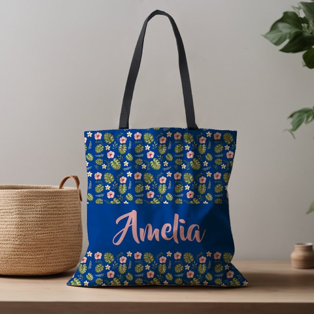Vattenfärgad blommigt rosa blå mönster till säck tygkasse (Skapare uppladdad)