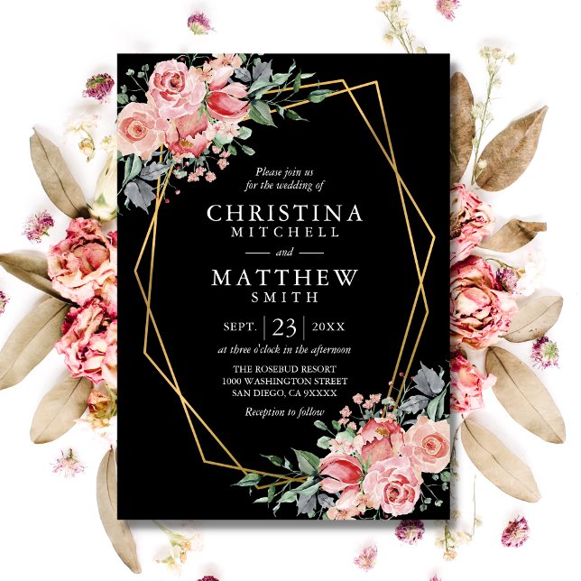 Vattenfärgad Blommigt  Rosa Black Bröllop Inbjudningar (Watercolor Floral Blush Pink Black Wedding Invitation)