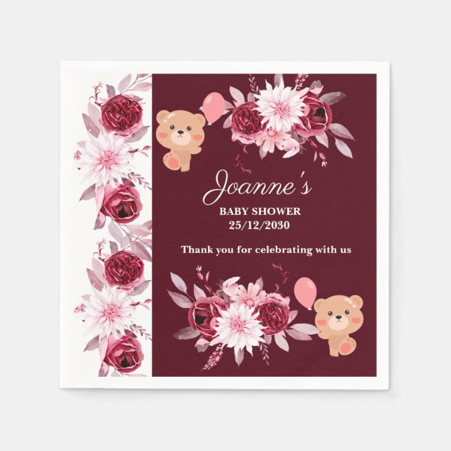 Vattenfärgad Blommigt  Rosa Burgundy Baby Shower Pappersservett (Framsidan)