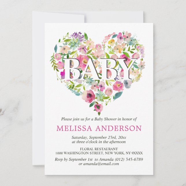 Vattenfärgad Blommigt Rosa ros Heart Baby Shower Inbjudningar (Framsida)