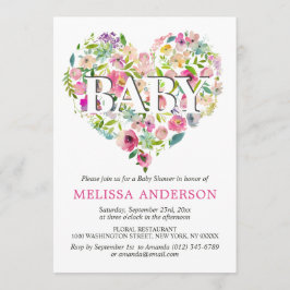 Vattenfärgad Blommigt Rosa ros Heart Baby Shower Inbjudningar