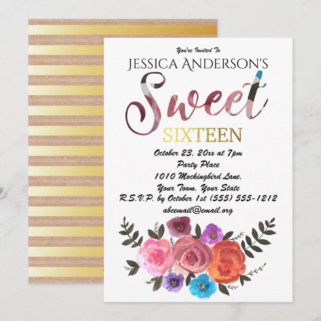 Vattenfärgad Blommigt Rustic Guld Sweet 16 Inbjudningar (Fram/baksida)