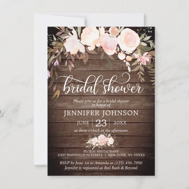 Vattenfärgad Blommigt Rustic Rosa Ivory Möhippa Inbjudningar (Framsida)