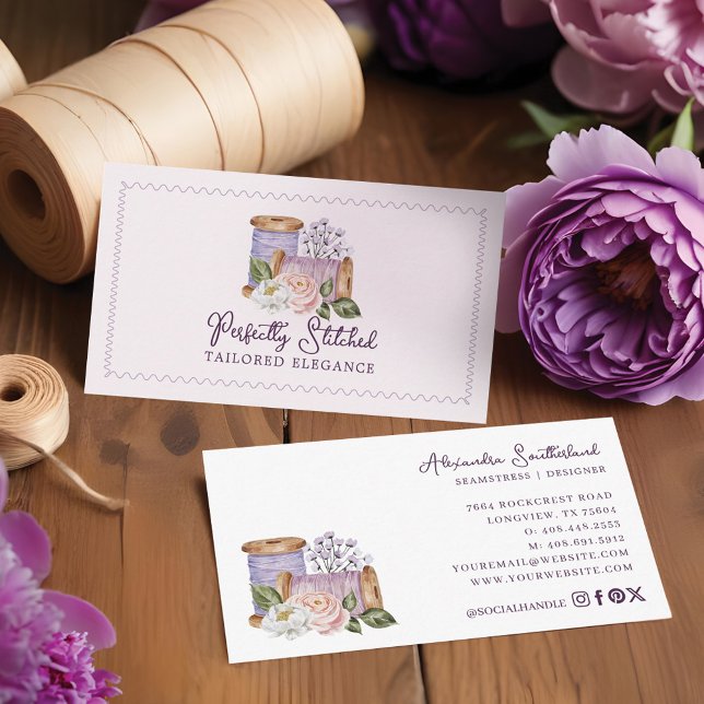 Vattenfärgad Blommigt Sewing Wooden Spools Tailor Visitkort (Watercolor Floral Sewing Wooden Spools Tailor Business Card)
