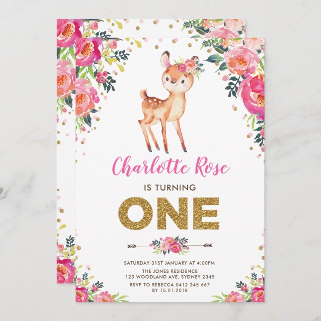 Vattenfärgad Blommigt Skogsmark Hjort 1:a födelsed Inbjudningar (Fram/baksida)