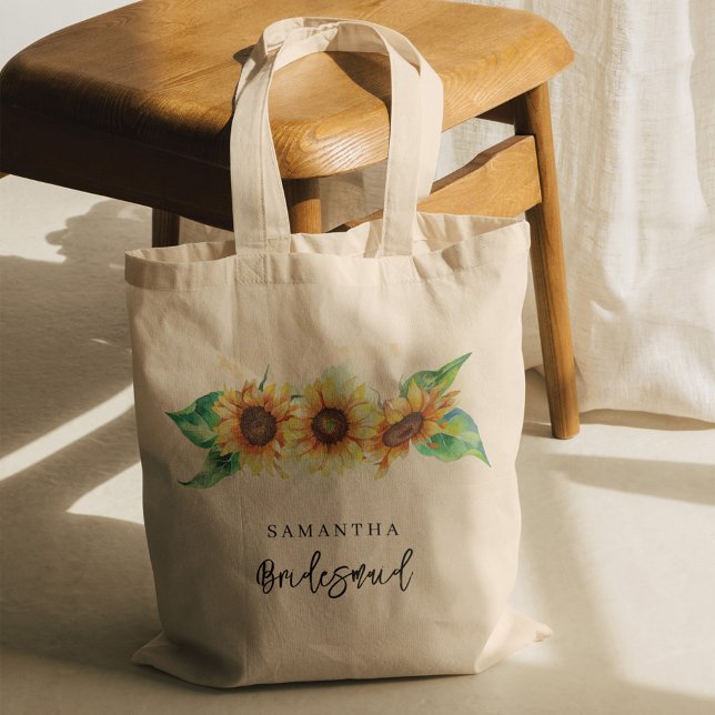 Vattenfärgad Blommigt Solros Bridesmaid Tygkasse (Sunflower Greenery Wedding Bridesmaid Tote Bag)