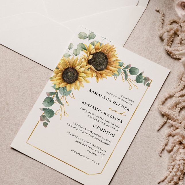 Vattenfärgad Blommigt Solros Eucalyptus Bröllop Inbjudningar (Sunflower Floral Eucalyptus Greenery Wedding Invitation)