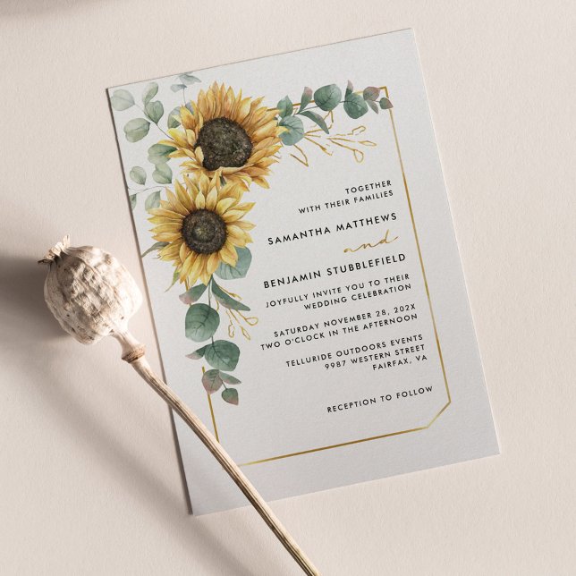 Vattenfärgad Blommigt Solros Eucalyptus Bröllop Inbjudningar (Floral Sunflower Eucalyptus Greenery Wedding Invitation)