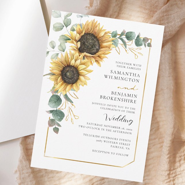 Vattenfärgad Blommigt Solros Eucalyptus Bröllop Inbjudningar (Watercolor Floral Sunflower Eucalyptus Wedding Invitation)