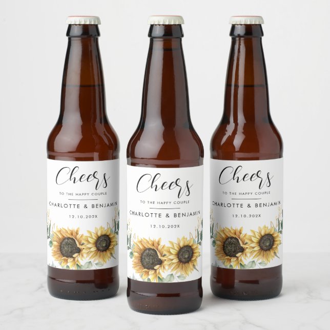 Vattenfärgad Blommigt Solros Eucalyptus Bröllop Ölflaska Etikett (Flaskor)