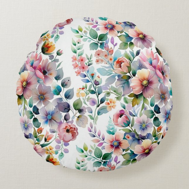 Vattenfärgad Blommigt Sömlös Mönster Rund Kudde (Framsidan)