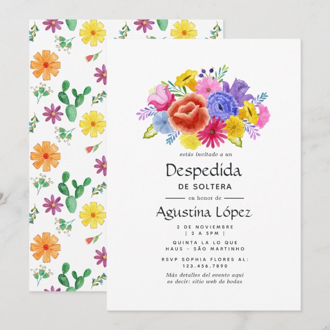 Vattenfärgad Blommigt - spanska Fiesta Bachelorett Inbjudningar (Fram/baksida)
