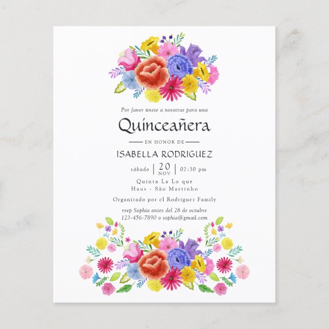 Vattenfärgad Blommigt - spanska Fiesta Quinceañera Flygblad (Framsidan)