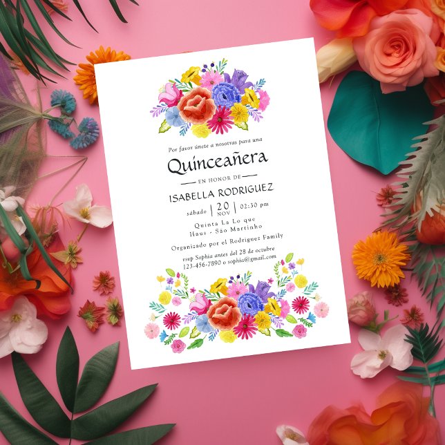 Vattenfärgad Blommigt - spanska Fiesta Quinceañera Inbjudningar (Skapare uppladdad)