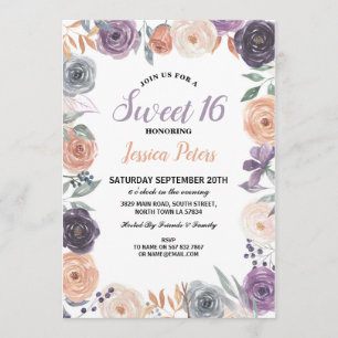 Vattenfärgad Blommigt Sweet 16 Party Flowers Lila Inbjudningar