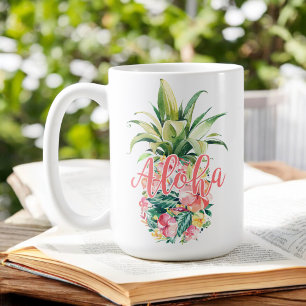 Vattenfärgad Blommigt Tropical Pineapple Aloha Kaffemugg