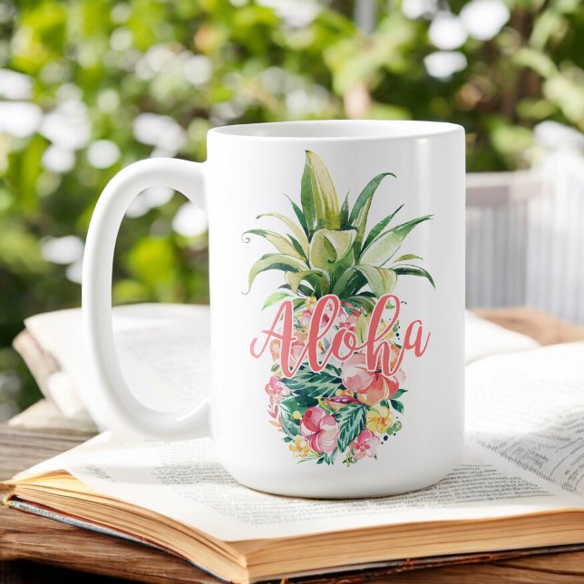 Vattenfärgad Blommigt Tropical Pineapple Aloha Kaffemugg (Skapare uppladdad)