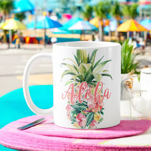 Vattenfärgad Blommigt Tropical Pineapple Aloha Kaffemugg
