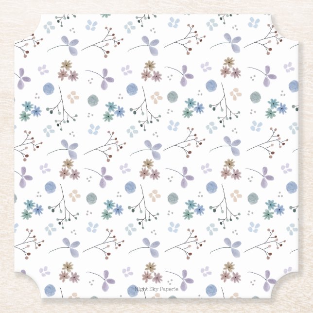 Vattenfärgad Blommigt Underlägg | Blå | 4x4 Papper (Framsida)
