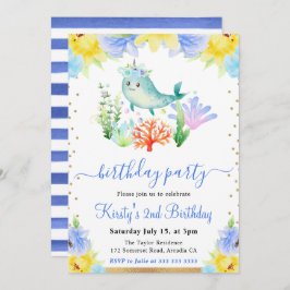 Vattenfärgad Blommigt Undervatten Narwhal Birthday Inbjudningar