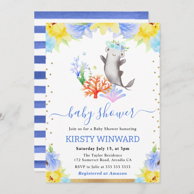 Vattenfärgad Blommigt Undervattenskiva Babyskor Inbjudningar (Fram/baksida)