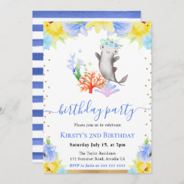 Vattenfärgad Blommigt Underwater Shark Birthday Inbjudningar