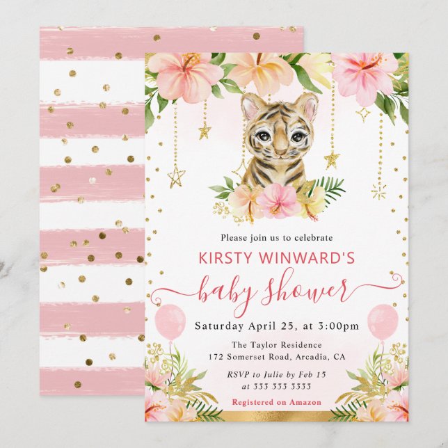 Vattenfärgad Blommigt, ungle Tiger Baby Shower Inbjudningar (Fram/baksida)