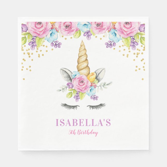 Vattenfärgad Blommigt Unicorn Birthday Pappersservett (Framsidan)