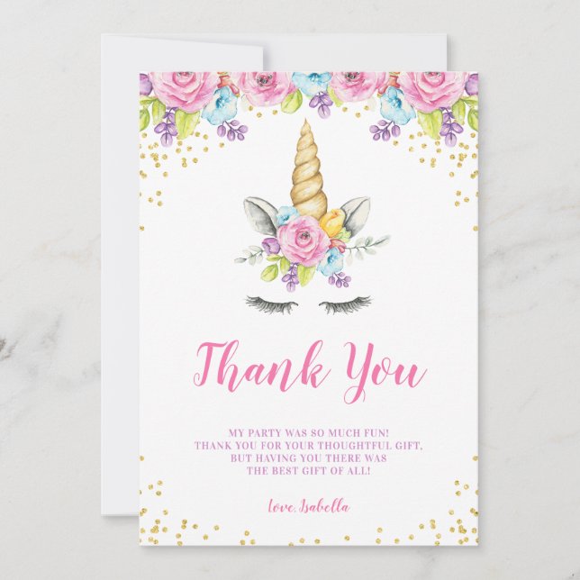 Vattenfärgad Blommigt Unicorn Birthday Tack Kort (Framsida)