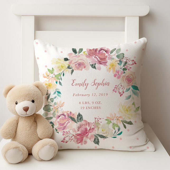 Vattenfärgad Blommigt Utandning | FLICKA Kudde (A baby birth stats pillow with a pretty floral wreath)