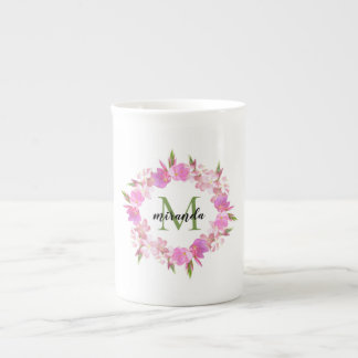 Vattenfärgad Blommigt Utandning Namn Monogram Benporslin Mugg