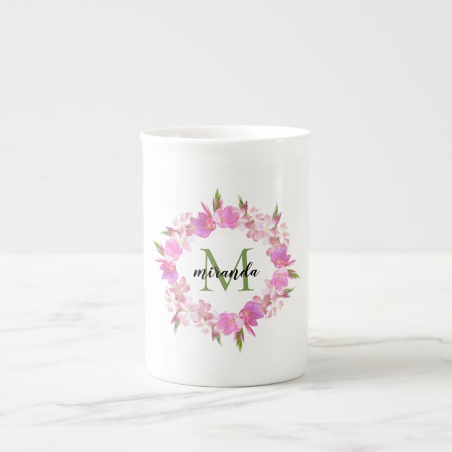 Vattenfärgad Blommigt Utandning Namn Monogram Benporslin Mugg (Framsidan)