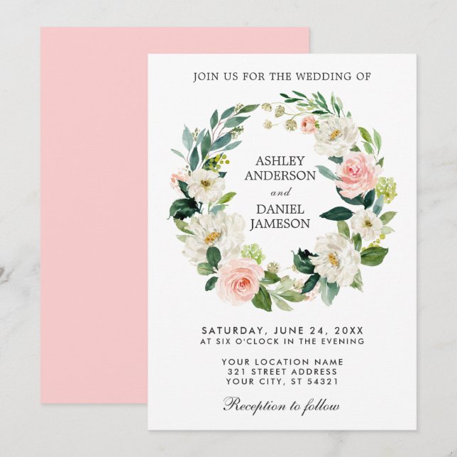 Vattenfärgad Blommigt Utandning Rosa Vit Bröllop P Inbjudningar (Fram/baksida)
