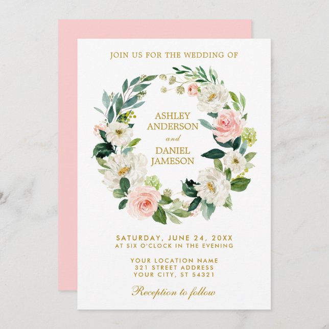 Vattenfärgad Blommigt Utandning Rosa Vita Guld Brö Inbjudningar (Fram/baksida)