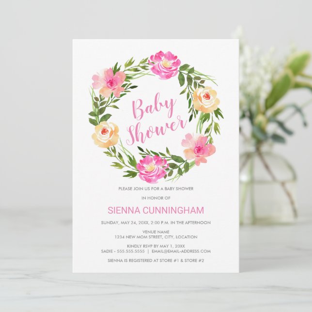 Vattenfärgad Blommigt Utandningsbabyskor Inbjudningar (Stående Fram)