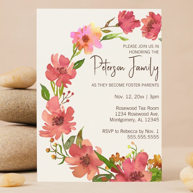 Vattenfärgad Blommigt Utandningsfoster Baby/barnfo Inbjudningar (Pink Floral watercolor wreath  Foster Care and Adoption baby shower invitation customizable QR code)