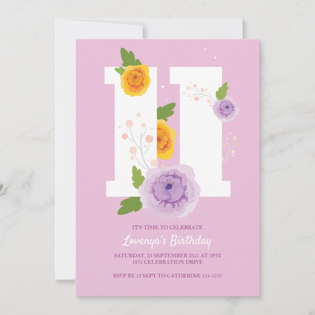 Vattenfärgad Blommigt Vår elfte Födelsedagsfesten Spara Datumet (Framsida)