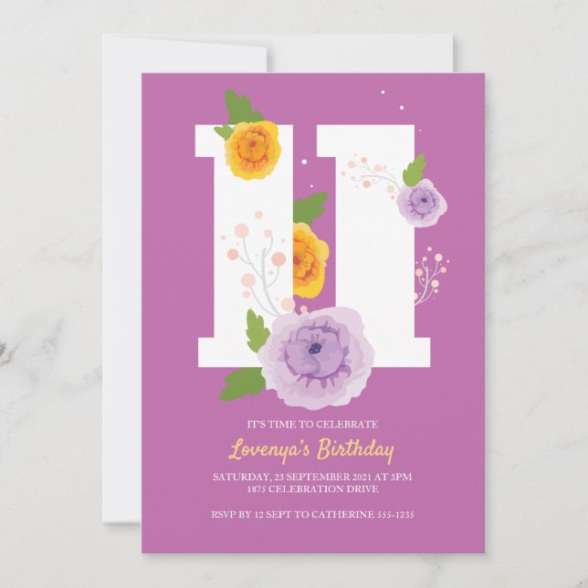 Vattenfärgad Blommigt Vår elfte Födelsedagsfesten Spara Datumet (Framsida)