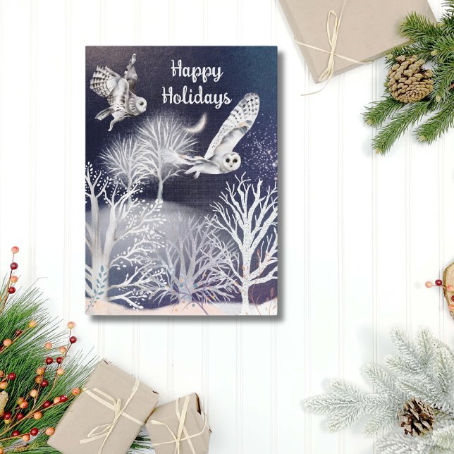 Vattenfärgad Blue & White Snowy Uggla Träd jul Helgkort (Watercolor Owls and Trees Blue and White Christmas Card)