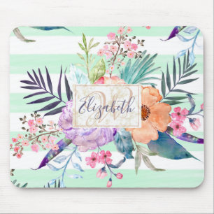 Vattenfärgad Boho-blommigt, löv, rand-handfärg Musmatta