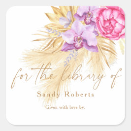 Vattenfärgad boho pampas-gräs, bibliotek fyrkantigt klistermärke