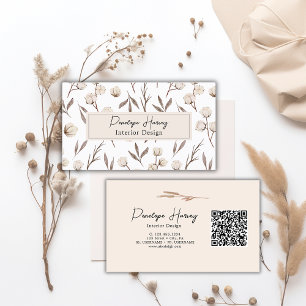 Vattenfärgad botanisk Blommigt Grey QR Code Rosa Visitkort