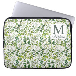 Vattenfärgad botanisk Grönt löv monogram Laptop Fodral