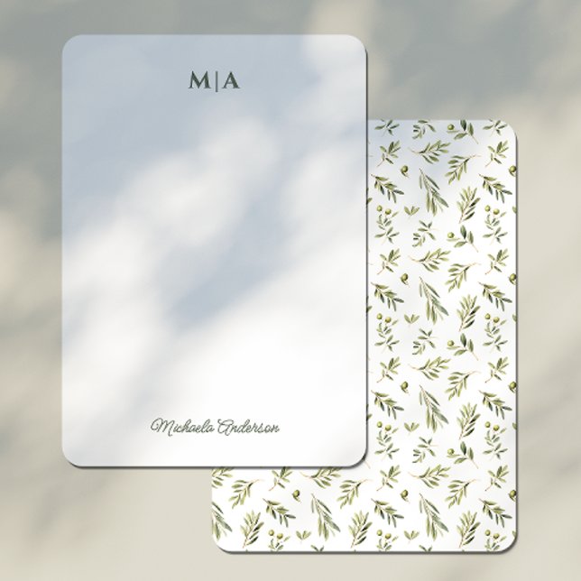 Vattenfärgad botanisk Grönt Olife Monogram & Namn Anteckningskort (Skapare uppladdad)
