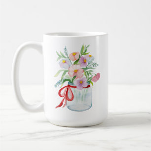 Vattenfärgad bukett av blommor i vas med revben kaffemugg