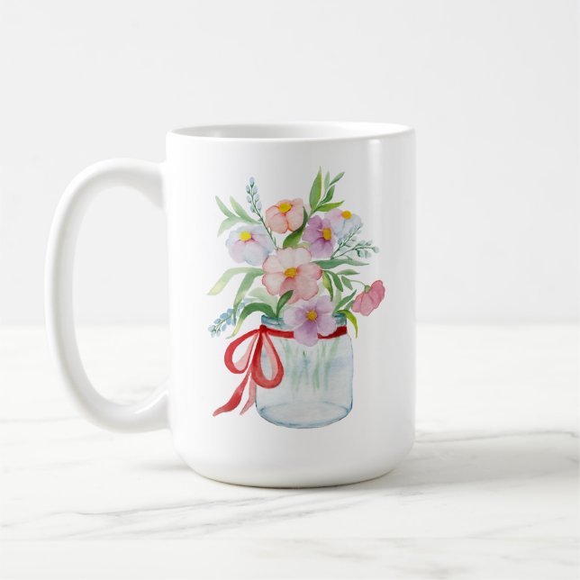Vattenfärgad bukett av blommor i vas med revben kaffemugg (Vänster)