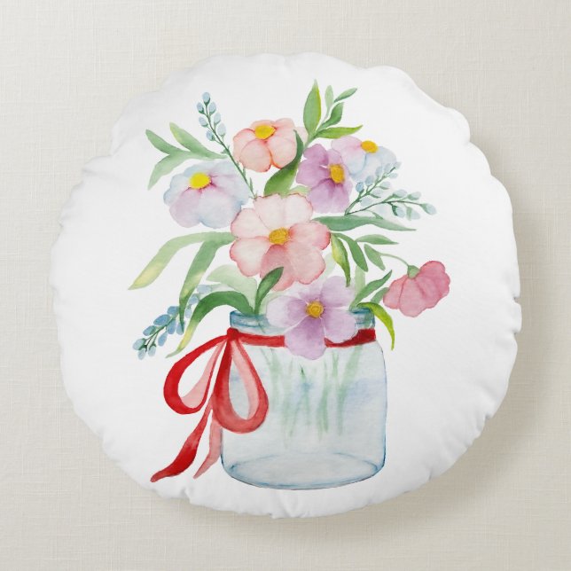 Vattenfärgad bukett av blommor i vas med revben rund kudde (Framsidan)